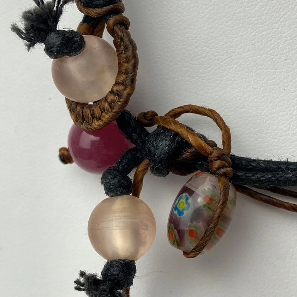 Corded braided dichroic glass polished stone w faceted Millefiori beads necklace